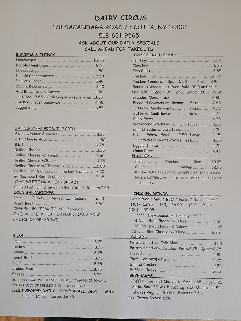 Simple menu layout for American comfort food.